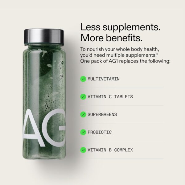 AG1 Greens Powder – 75 Superfood Vitamins, Multivitamin & Probiotic Blend | Gut Health Support | Vegan, Keto, Gluten-Free | Includes Shaker & Scoop | Athletic Greens Supplement - Image 3