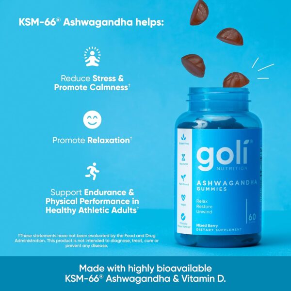 Goli Ashwagandha & Vitamin D Gummy - 60 Count - Mixed Berry, KSM-66, Vegan, Plant Based, Non-GMO, Gluten-Free & Gelatin Free Relax. Restore. Unwind, Pack of 1 - Image 2