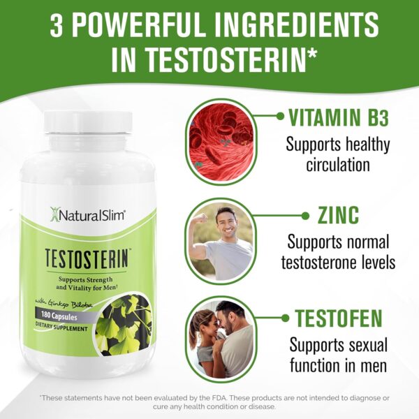 NaturalSlim Natural Testosterone Booster for Men - Male Enhancing Supplement with Ginkgo Biloba, L Arginine, Zinc, Vitamin B3, & Testofen for Energy, Muscle Builder & Metabolism - 180 Capsules - Image 4