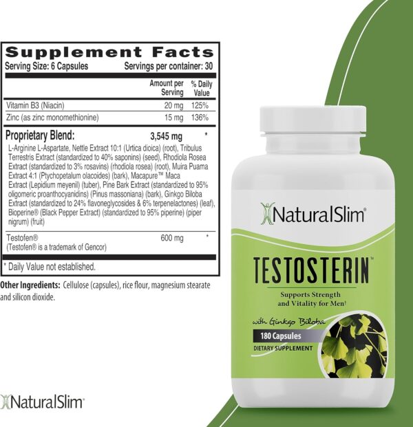 NaturalSlim Natural Testosterone Booster for Men - Male Enhancing Supplement with Ginkgo Biloba, L Arginine, Zinc, Vitamin B3, & Testofen for Energy, Muscle Builder & Metabolism - 180 Capsules - Image 2