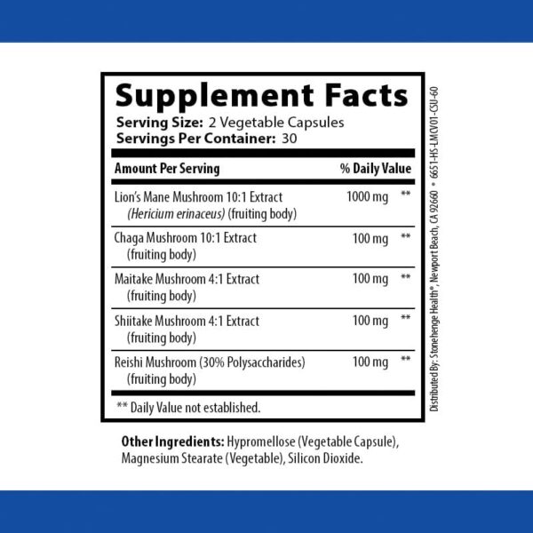 Stonehenge Health Dynamic Mushrooms - 100% Fruiting Bodies & Extracts - Lion’s Mane, Chaga, Maitake, Shiitake, Reishi - Nootropic Brain & Immune System Support - No Mycelium - 60 Veggie Capsules - Image 6