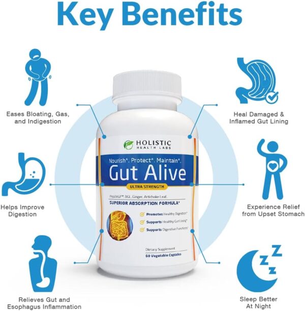 Gut Alive - All Natural Support to Fight IBS, Heartburn, Acid Indigestion, Acid Reflux, Bloating & Gas. Unique Formulation (60 Count (Pack of 1)) - Image 3