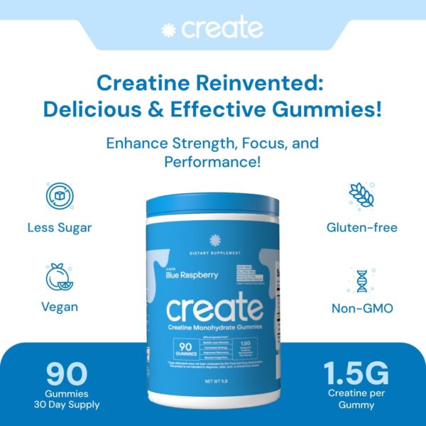 Create Creatine Monohydrate Gummies for Men & Women, Boost Focus, Strength, and Endurance, Anti-Melting Formula, Vegan, Gluten-Free, Non-GMO, 1.5g of Creatine per Gummy (Blue Raspberry, 90 ct) - Image 5