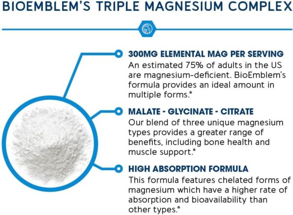 BioEmblem Triple Magnesium Complex | 300mg of Magnesium Glycinate, Malate, & Citrate for Muscles, Nerves, & Energy | High Absorption | Vegan,... - Image 4