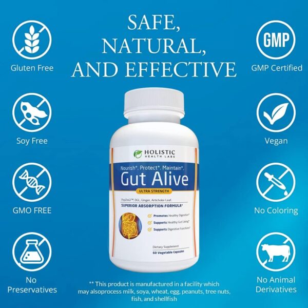 Gut Alive - All Natural Support to Fight IBS, Heartburn, Acid Indigestion, Acid Reflux, Bloating & Gas. Unique Formulation (60 Count (Pack of 1)) - Image 2