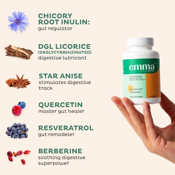 Emma Gut Health - 2 Pack - Gas and Bloating Relief, Constipation, Leaky Gut Repair - Gut Cleanse & Restore Digestion - Regulate Bowel Movement. Probiotics and Laxative Alternative, 120 Capsules - Image 5
