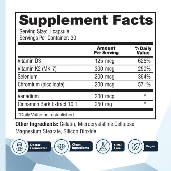 CinnaChroma Capsules - Cinnamon Supplements with 10:1 Extract, Chromium, Vanadium, Selenium, Vitamin D3 & K2 - Natural Sugar Blocker - 30 Capsules, 1 Month Supply - Image 4