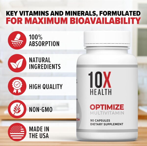 10X Health Optimize Methylated Multivitamin for Men & Women - 34 in 1 Formula with 800 mcg of Vitamin B12, Vitamin E, 5-MTHF, B Complex, NAC, Magnesium & Zinc Multivitamins - 90 Capsules - Image 5