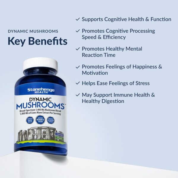 Stonehenge Health Dynamic Mushrooms - 100% Fruiting Bodies & Extracts - Lion’s Mane, Chaga, Maitake, Shiitake, Reishi - Nootropic Brain & Immune System Support - No Mycelium - 60 Veggie Capsules - Image 2