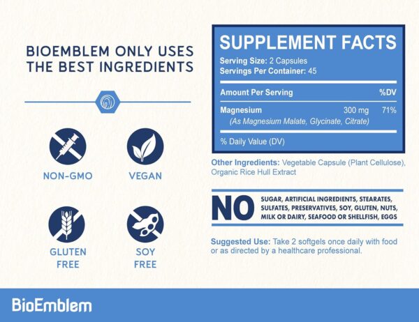 BioEmblem Triple Magnesium Complex | 300mg of Magnesium Glycinate, Malate, & Citrate for Muscles, Nerves, & Energy | High Absorption | Vegan,... - Image 3