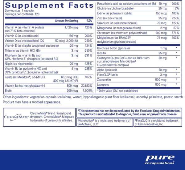 Pure Encapsulations O.N.E. Multivitamin - Once Daily Multivitamin with Antioxidant Complex Metafolin, CoQ10, and Lutein to Support Vision, Cognitive Function, and Cellular Health* - 120 Capsules - Image 3
