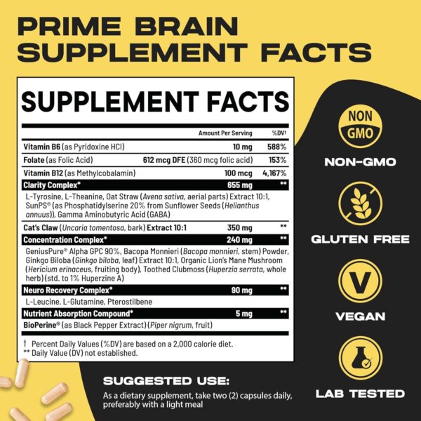 Prime Brain Nootropic Supplement | Supports Memory, Mental Focus, Cognitive Health & Energy | Promotes Healthy Mood & Brain Function | Ginkgo Biloba, Lion's Mane & L Theanine | 90 Capsules - Image 6
