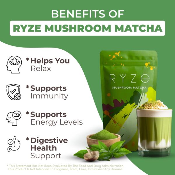 RYZE SUPERFOODS Mushroom Matcha, USDA Organic with 6 Adaptogenic Mushrooms and Ceremonial-Grade Matcha for Energy, Focus, Digestion, Immunity with Turkey Tail, Shiitake, Lion's Mane, 30 servings - Image 5