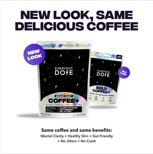 Everyday Dose Bold Medium Roast Mushroom Coffee 90mg Caffeine per serving with Grass-Fed Collagen, Chaga, Lions Mane & L-Theanine for Better Focus, Energy, Digestion, Skin, and Immunity 30 Servings - Image 4