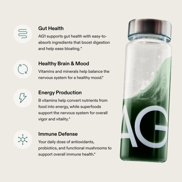AG1 Greens Powder Supplement | Improve Gut Health | Multivitamin, Probiotic, Gluten Free, Vegan and Keto Friendly | Shaker & Scoop Included | 75 Vitamins (Athletic Greens), Classic Formula - Image 4