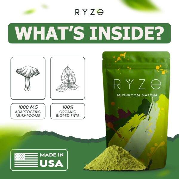 RYZE SUPERFOODS Mushroom Matcha, USDA Organic with 6 Adaptogenic Mushrooms and Ceremonial-Grade Matcha for Energy, Focus, Digestion, Immunity with Turkey Tail, Shiitake, Lion's Mane, 30 servings - Image 2