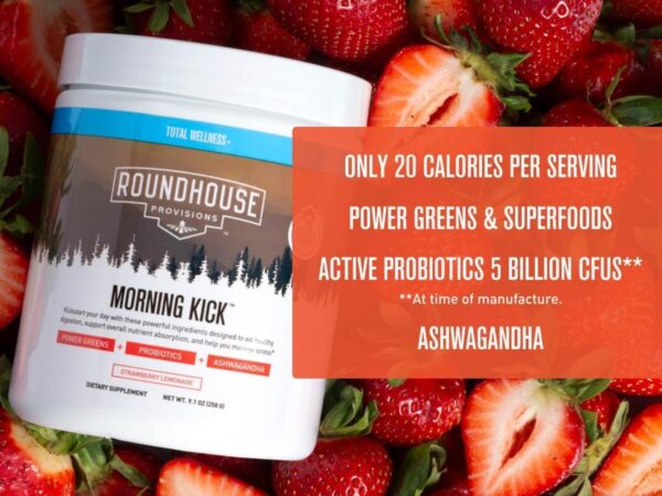 ROUNDHOUSE PROVISION Morning Kick, Zero Sugar Greens Superfood Powder Supplement with Ashwagandha, Collagen, Probiotics, Debloat Drink, 30 Servings (Strawberry Lemonade) by Chuck Norris - Image 3