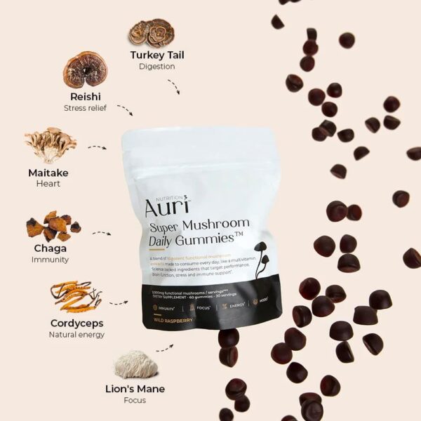 Auri Super Mushroom Daily Gummies - All-in-One Daily Mushroom Supplement Gummy - 12 Mushroom Blend with Chaga, Lions Mane, Reishi, Cordyceps - 60 Gummies - Image 2