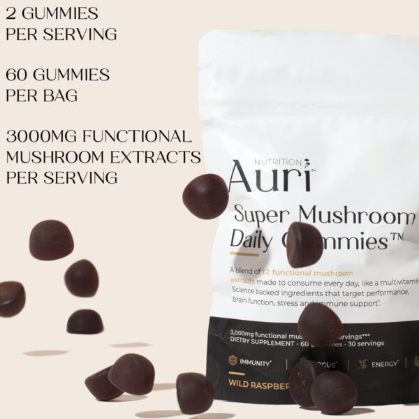 Auri Super Mushroom Daily Gummies - All-in-One Daily Mushroom Supplement Gummy - 12 Mushroom Blend with Chaga, Lions Mane, Reishi, Cordyceps - 60 Gummies - Image 3