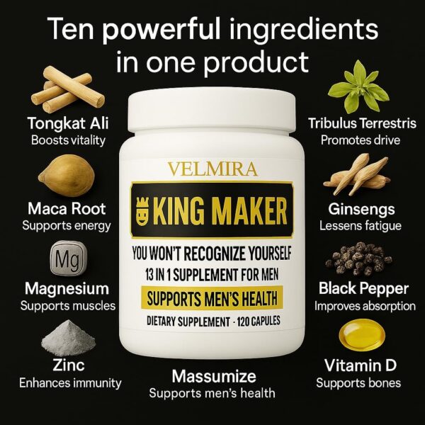 Velmira™ .King Maker Supplement for Men 13-in-1.Sugar-Free .Energy Support .Muscle Recovery.Health Support -Zinc-Tongkat Ali -Maca-Magnesium-Vitamin D3. Supplement.120 Capsules-(1) kin .Pack of 1 - Image 2