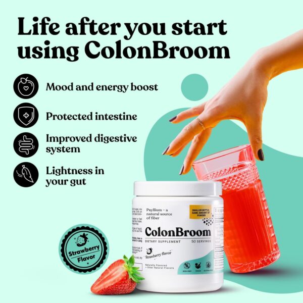 ColonBroom Psyllium Husk Powder (Strawberry) - Colon Cleanse for Bloating Relief & Gut Health - Colon Broom Fiber Powder Drink - Vegan, Gluten Free, Non-GMO Fiber Powder Supplement, 50 Servings - Image 2