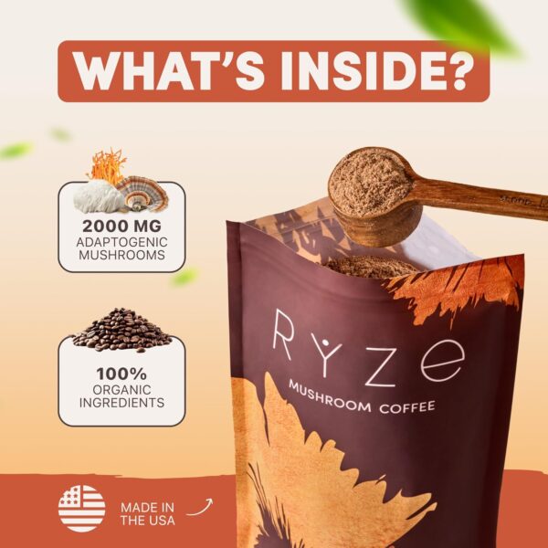 RYZE SUPERFOODS Mushroom Coffee USDA Organic with 6 Adaptogenic Mushrooms and MCT Oil, USA Grown Instant Coffee for Better Energy, Focus, Digestion, Immunity with Lions Mane & Turkey Tail, 30 servings - Image 2