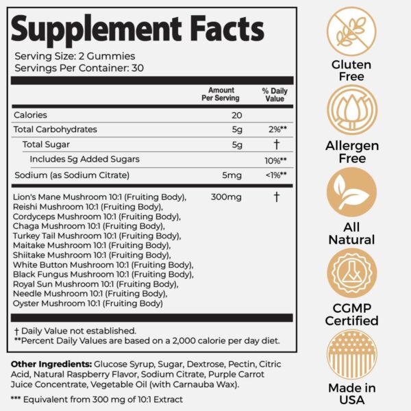 Auri Super Mushroom Daily Gummies - All-in-One Daily Mushroom Supplement Gummy - 12 Mushroom Blend with Chaga, Lions Mane, Reishi, Cordyceps - 60 Gummies - Image 5