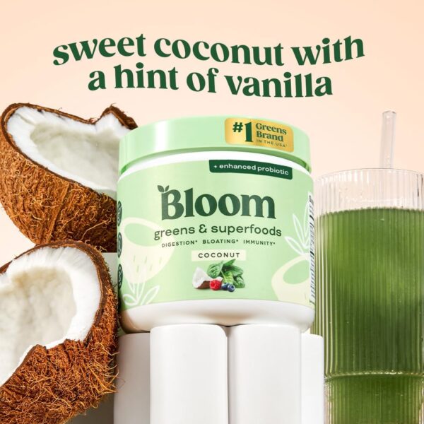 Bloom Nutrition Superfood Greens Powder, Digestive Enzymes with Probiotics and Prebiotics, Gut Health, Bloating Relief for Women, Chlorella, Green Juice Mix with Beet Root Powder, 30 SVG, Coconut - Image 2