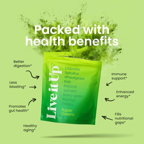 LIVE IT UP Super Greens Powder | All-Natural Plant-Based Superfood Blend with Probiotics & Digestive Enzymes | Supports Gut Health, Immunity, Energy, and Daily Wellness | No Added Sugar - 30 Servings - Image 2