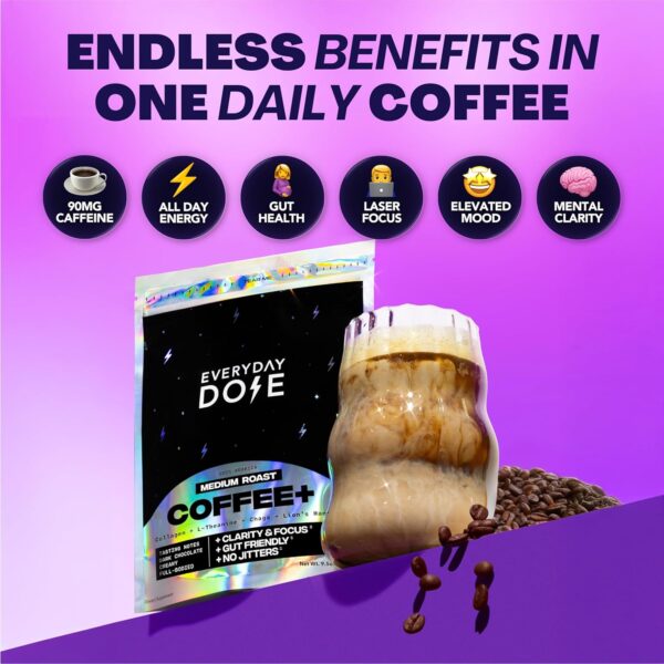 Everyday Dose Bold Medium Roast Mushroom Coffee 90mg Caffeine per serving with Grass-Fed Collagen, Chaga, Lions Mane & L-Theanine for Better Focus, Energy, Digestion, Skin, and Immunity 30 Servings - Image 3