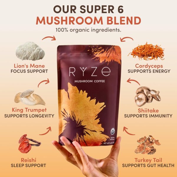 RYZE SUPERFOODS Mushroom Coffee USDA Organic with 6 Adaptogenic Mushrooms and MCT Oil, USA Grown Instant Coffee for Better Energy, Focus, Digestion, Immunity with Lions Mane & Turkey Tail, 30 servings - Image 5