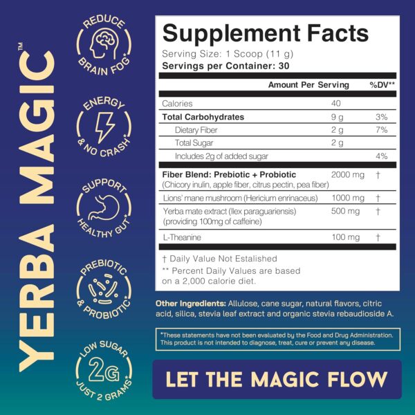 Yerba Magic – Yerba Mate Tea Instant Powder Super Drink with Nootropics, Prebiotics & Probiotics – Clean Energy, Mental Clarity & Gut Wellness | Low Sugar, Natural Caffeine – Peach Mango, 30 Servings - Image 3
