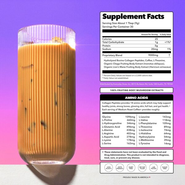 Everyday Dose Bold Medium Roast Mushroom Coffee 90mg Caffeine per serving with Grass-Fed Collagen, Chaga, Lions Mane & L-Theanine for Better Focus, Energy, Digestion, Skin, and Immunity 30 Servings - Image 5