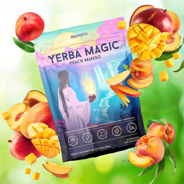 Yerba Magic – Yerba Mate Tea Instant Powder Super Drink with Nootropics, Prebiotics & Probiotics – Clean Energy, Mental Clarity & Gut Wellness | Low Sugar, Natural Caffeine – Peach Mango, 30 Servings - Image 2