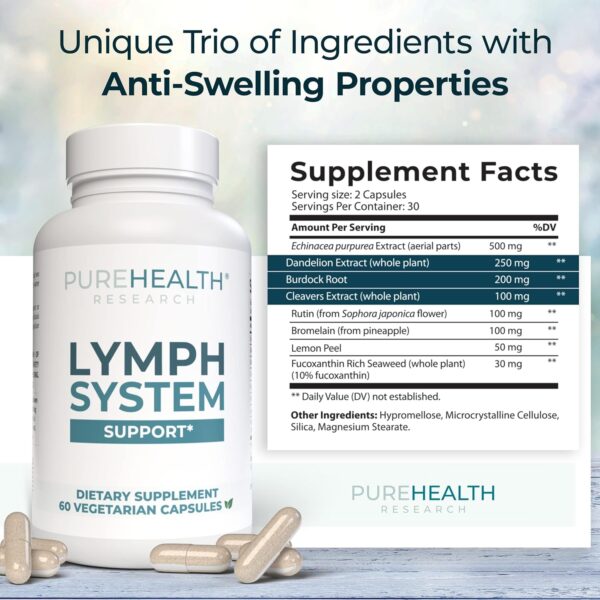PUREHEALTH RESEARCH Lymph System Support Supplement - Lymphatic Drainage Supplement with Dandelion Extract, Cleavers, Burdock Powder - Reduce Swelling and Cleanse Lymph - 1 Bottle, Brown - Image 2