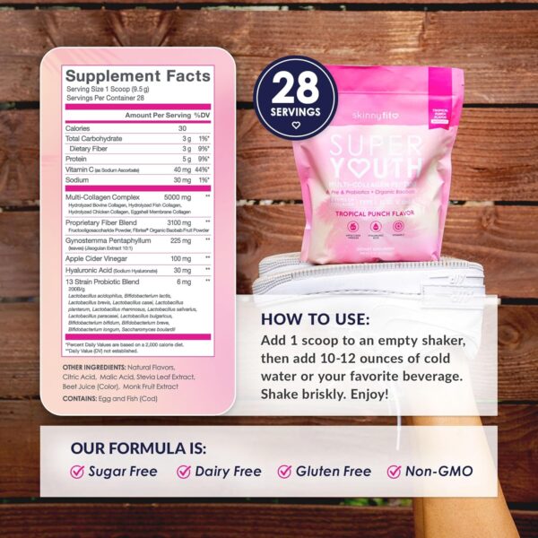SkinnyFit - Super Youth Collagen for Women - Multi Collagen Peptides Powder - Probiotics, Fiber, Hyaluronic Acid - Non GMO, Gluten Free, Sugar Free - Beauty & Self Care - Tropical Punch (28 Servings) - Image 2