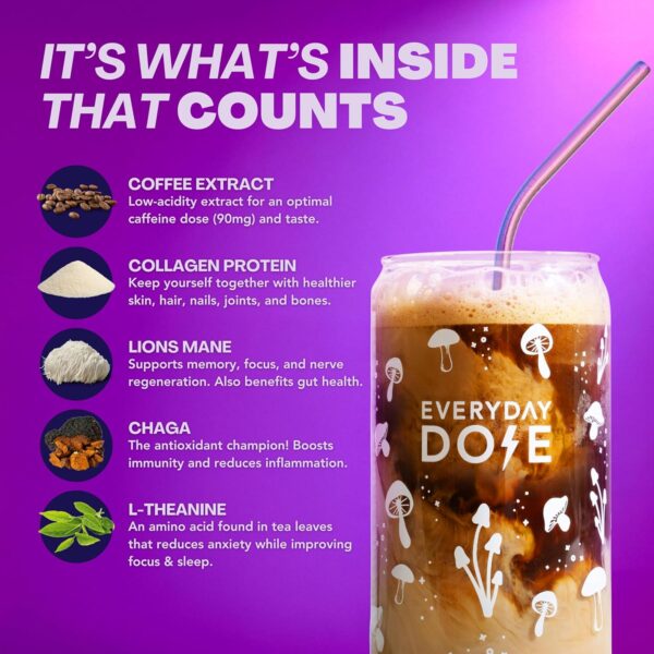 Everyday Dose Bold Medium Roast Mushroom Coffee 90mg Caffeine per serving with Grass-Fed Collagen, Chaga, Lions Mane & L-Theanine for Better Focus, Energy, Digestion, Skin, and Immunity 30 Servings - Image 2