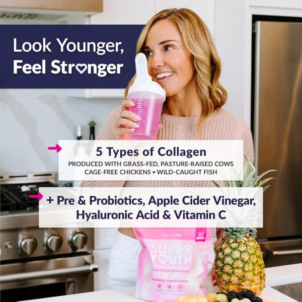 SkinnyFit - Super Youth Collagen for Women - Multi Collagen Peptides Powder - Probiotics, Fiber, Hyaluronic Acid - Non GMO, Gluten Free, Sugar Free - Beauty & Self Care - Tropical Punch (28 Servings) - Image 5